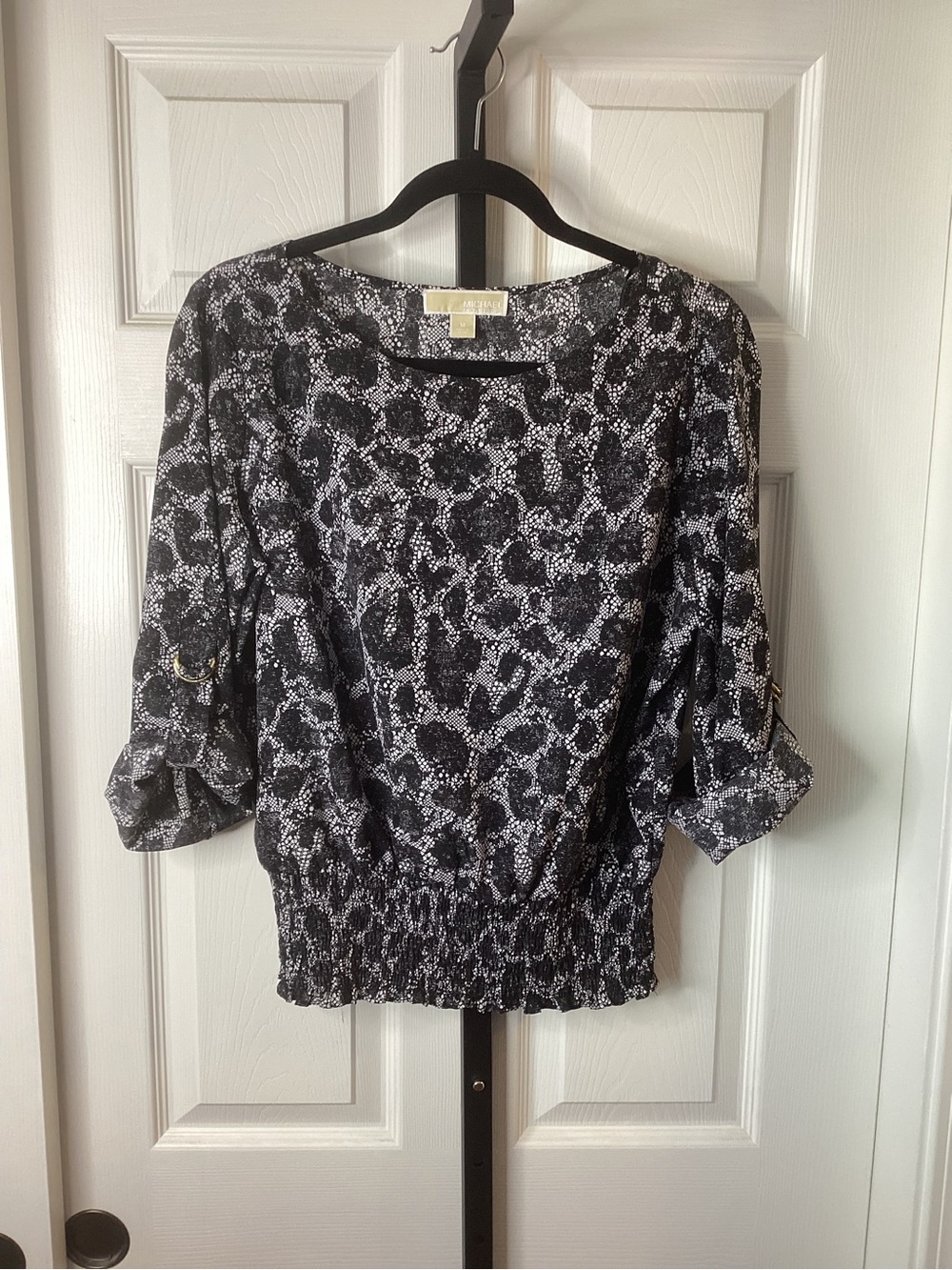 Michael Kors Black and White Animal-Print Blouse, size Mediun